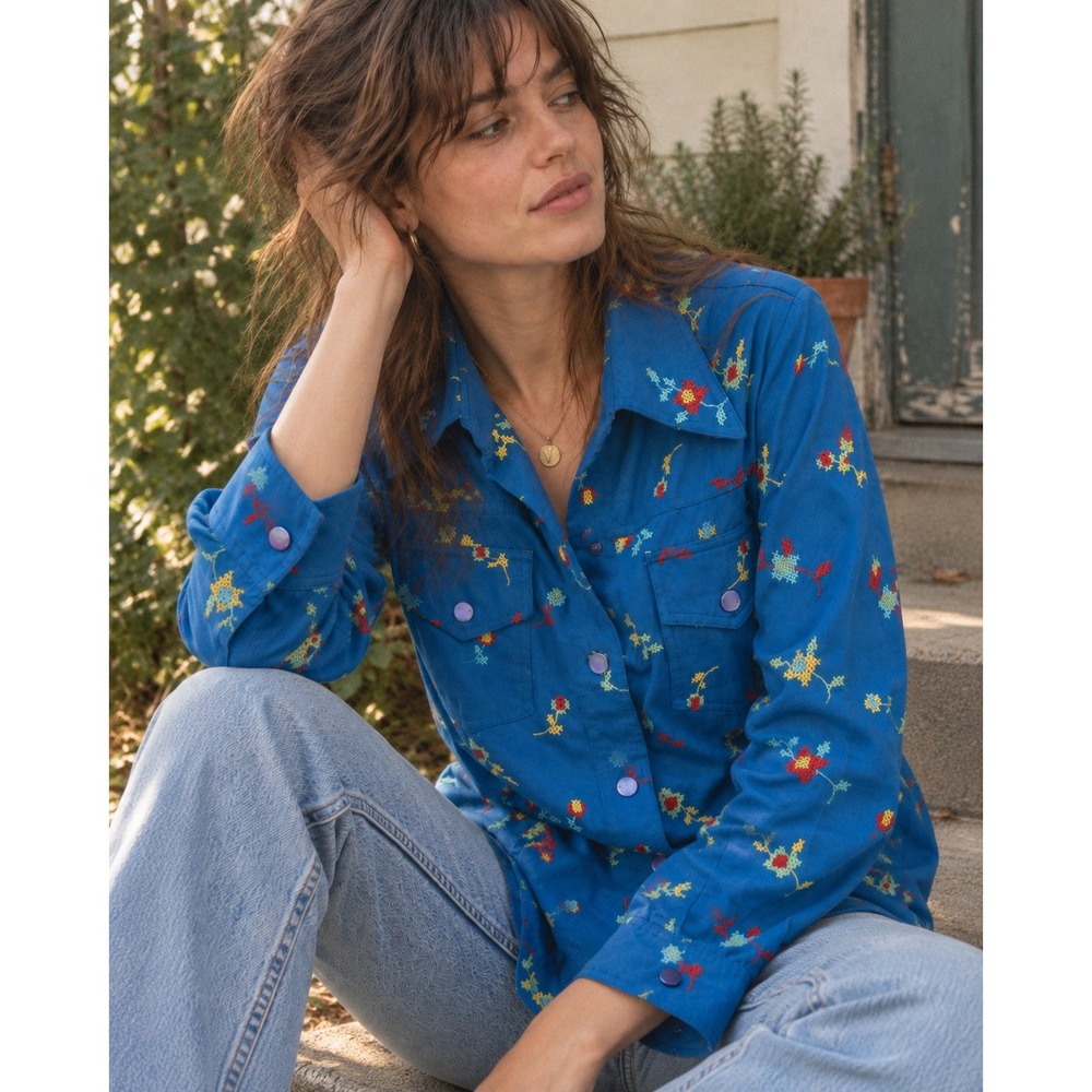 Vintage 1970s Dotti Didit Embroidered Floral Western Pearl Snap Shirt 10